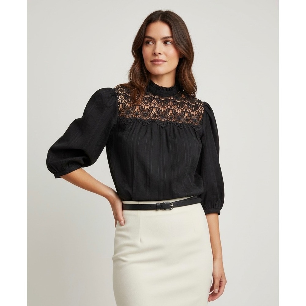 GAP Small Black Lace Yoke Mock Neck Puff Long Sleeve Blouse Women's